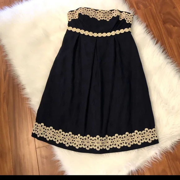 Lilly Pulitzer Betsey Navy Gold Strapless Dress
